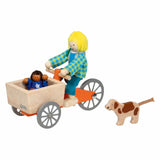 Casa de muñecas Goki bicicleta de carga de madera con niño y perro