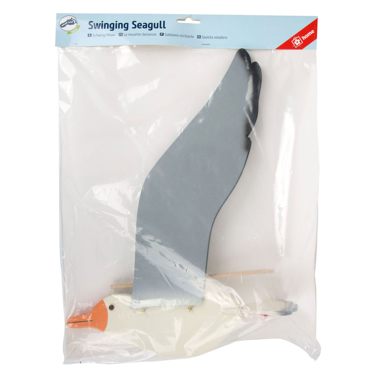 Seagull soghluaiste ar snámh soghluaiste leanbh beag adhmaid le sciatháin ghluaiseachta