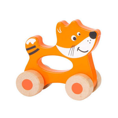 Pequeño pie de madera figura animal sobre ruedas