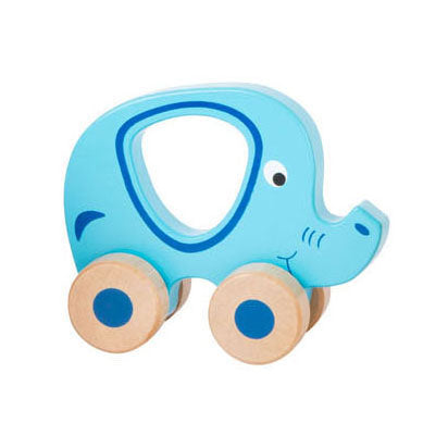 Pequeño pie de madera figura animal sobre ruedas