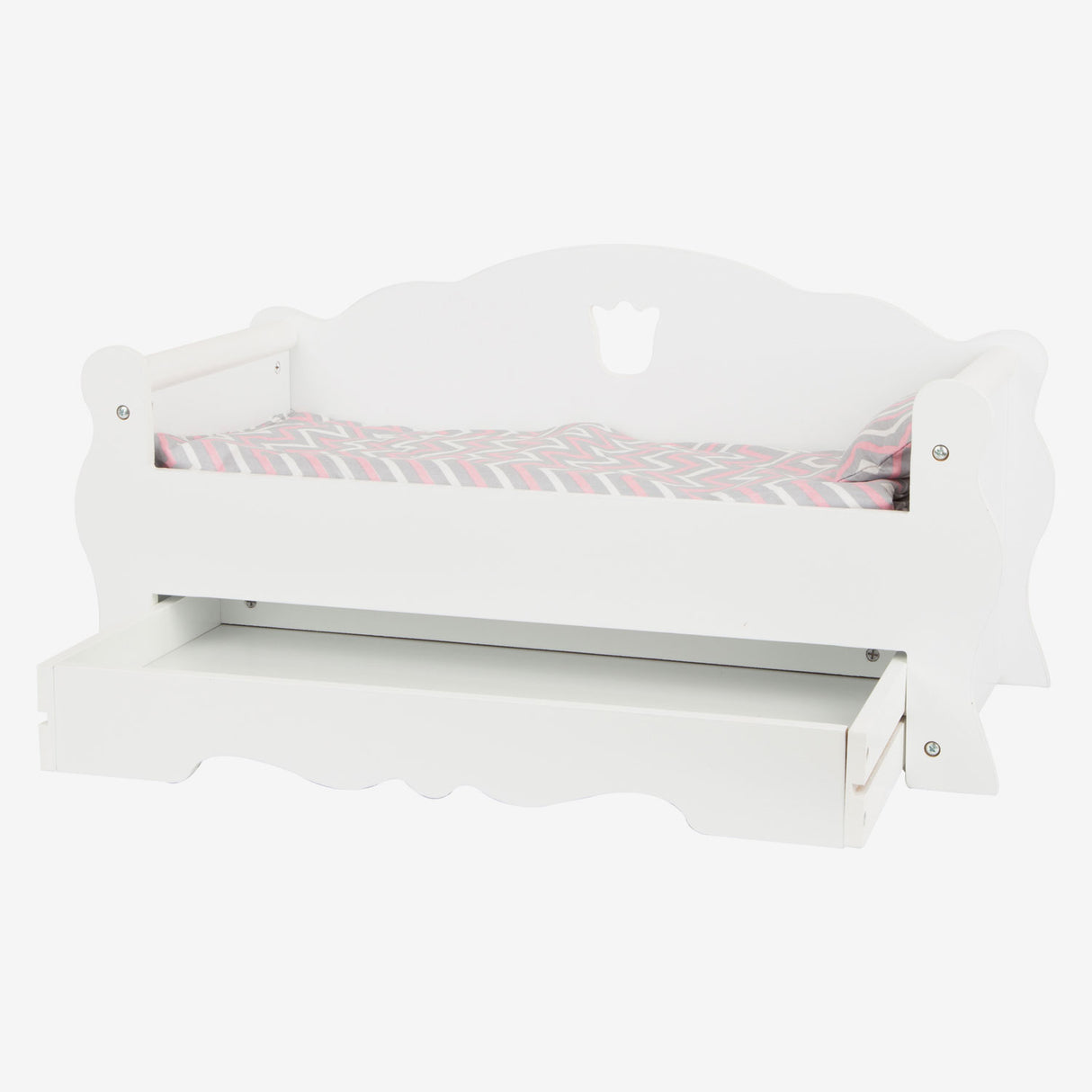 Kleines Fuß Holzpuppenbett mit Schublade und Bettwäsche, 4dlg.