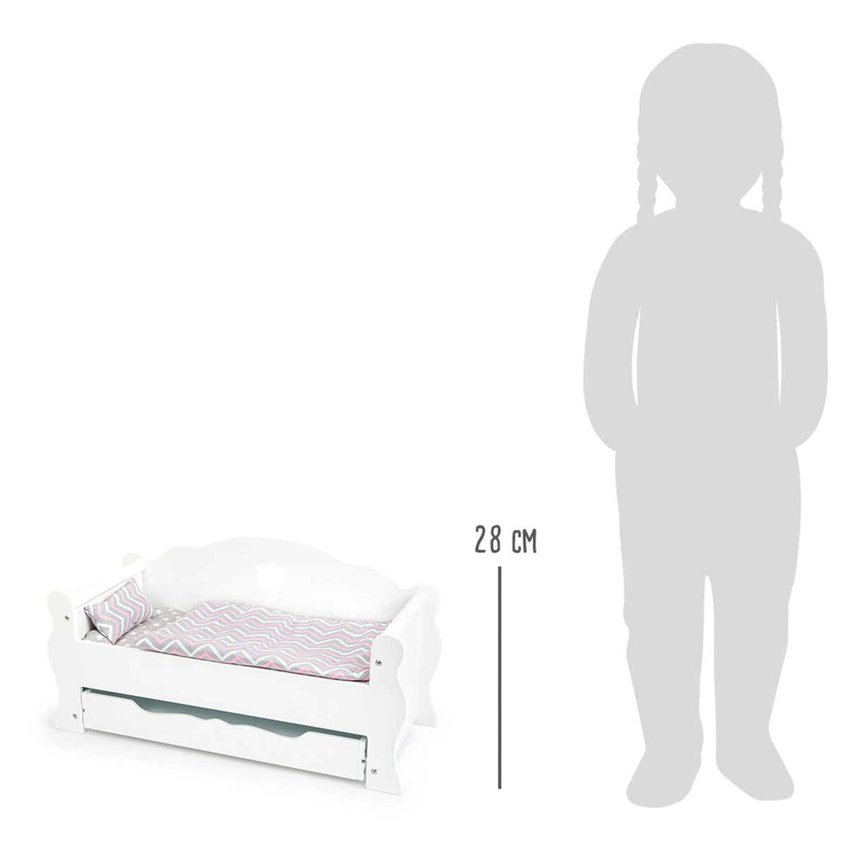 Small foot wooden doll bed with drawer and bedding, 4dlg.