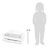 Small foot wooden doll bed with drawer and bedding, 4dlg.