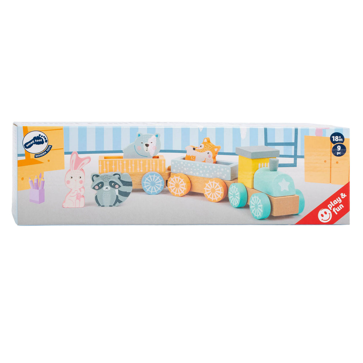Malý dřevěný vlak s pastelem lesních zvířat, 9dlg.