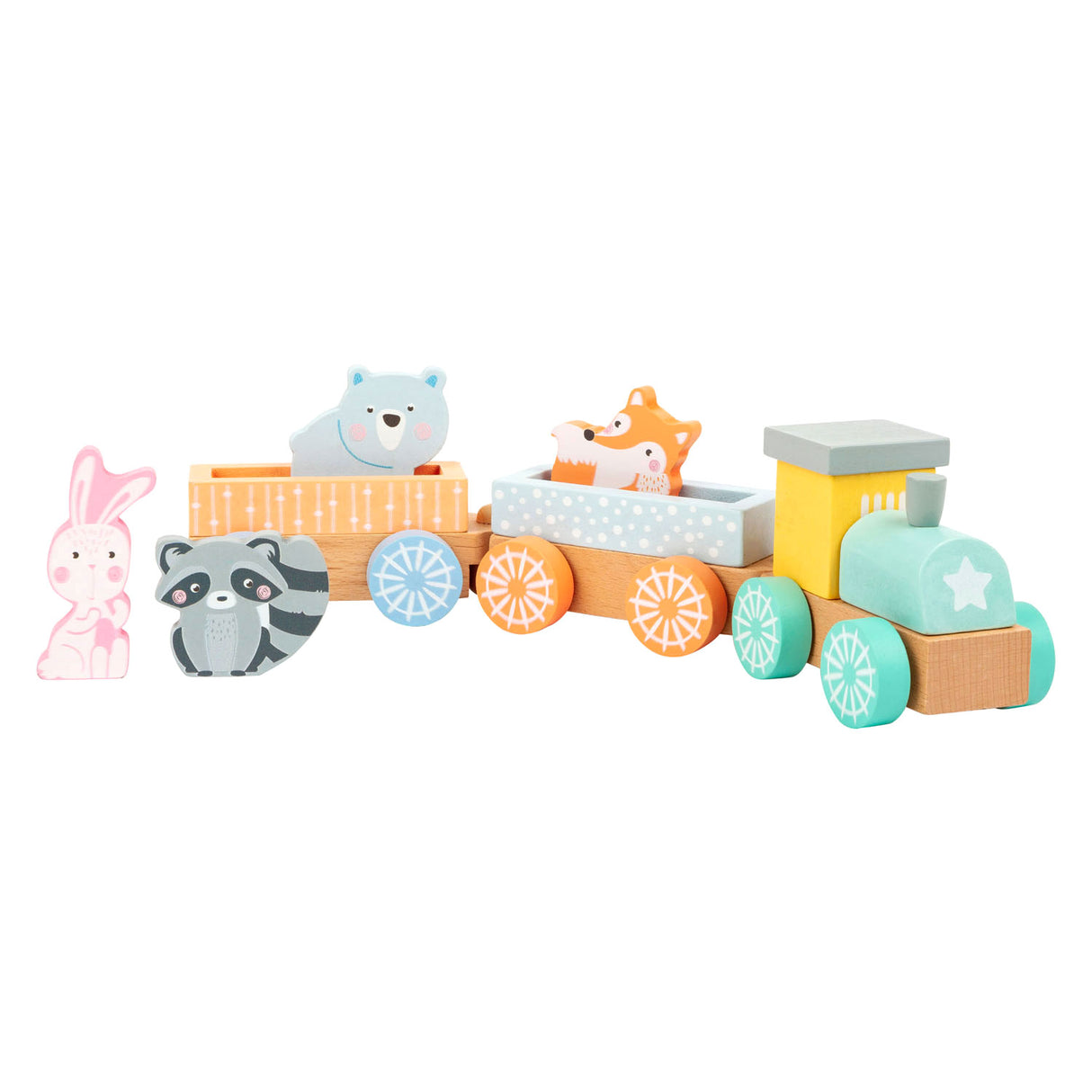 Small foot wooden train with forest animals pastel, 9dlg.