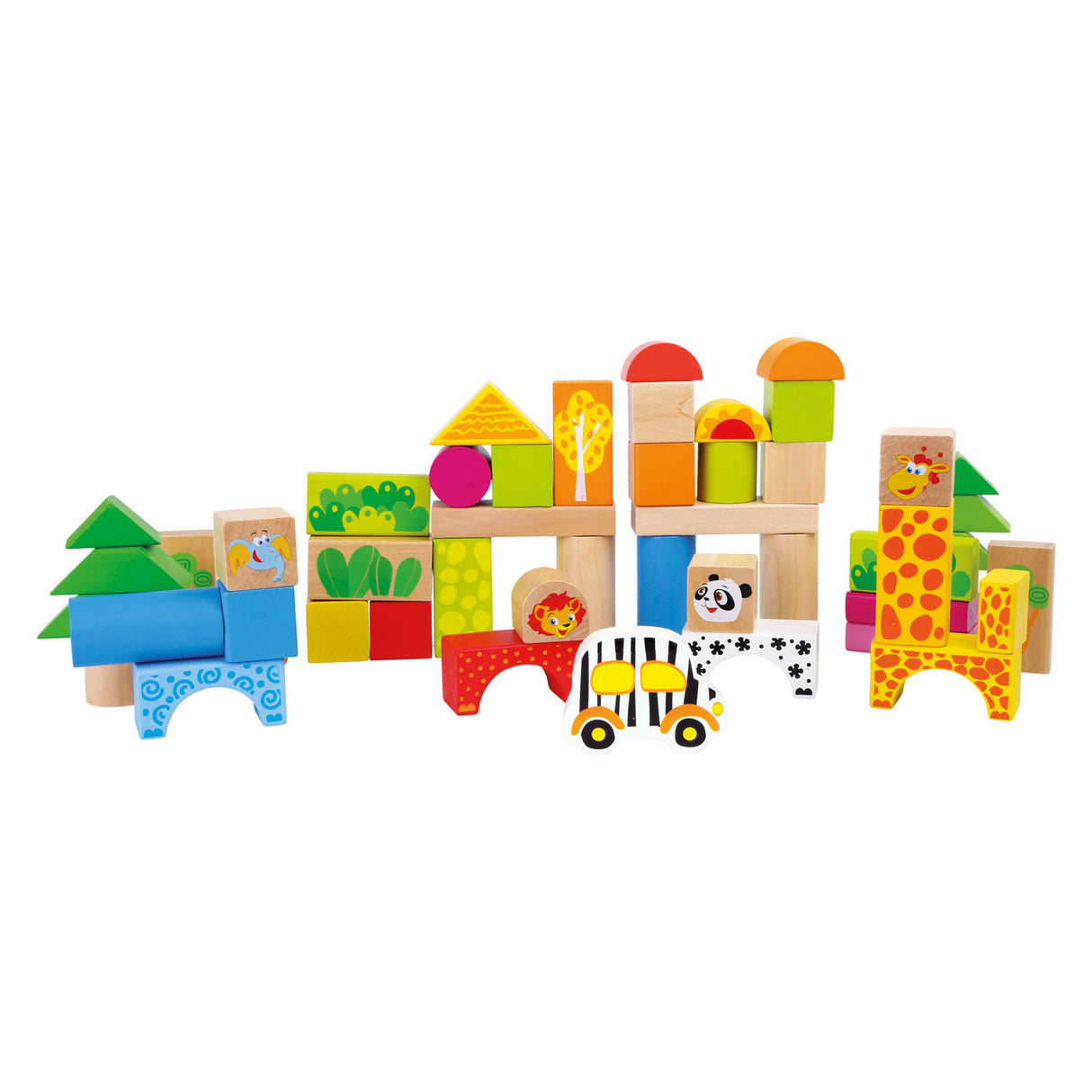 Small foot wooden building blocks zoo in form stew bucket, 50dlg.