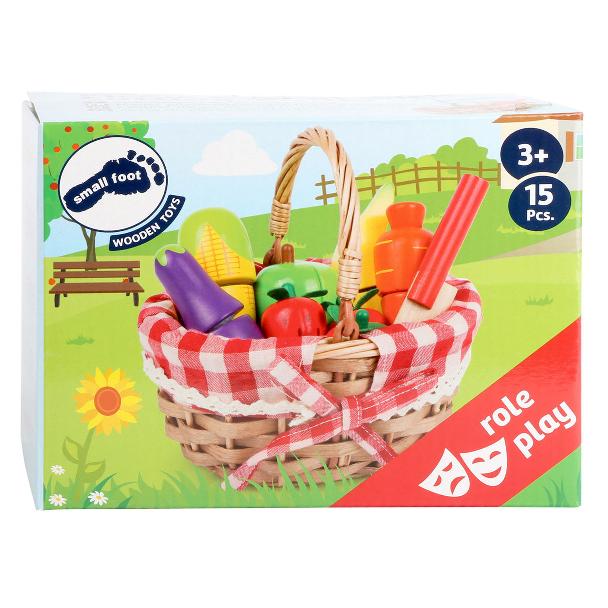 Klenge Fouss Holz Picknick Kuerf mat geschniddene Uebst, 15dlg.