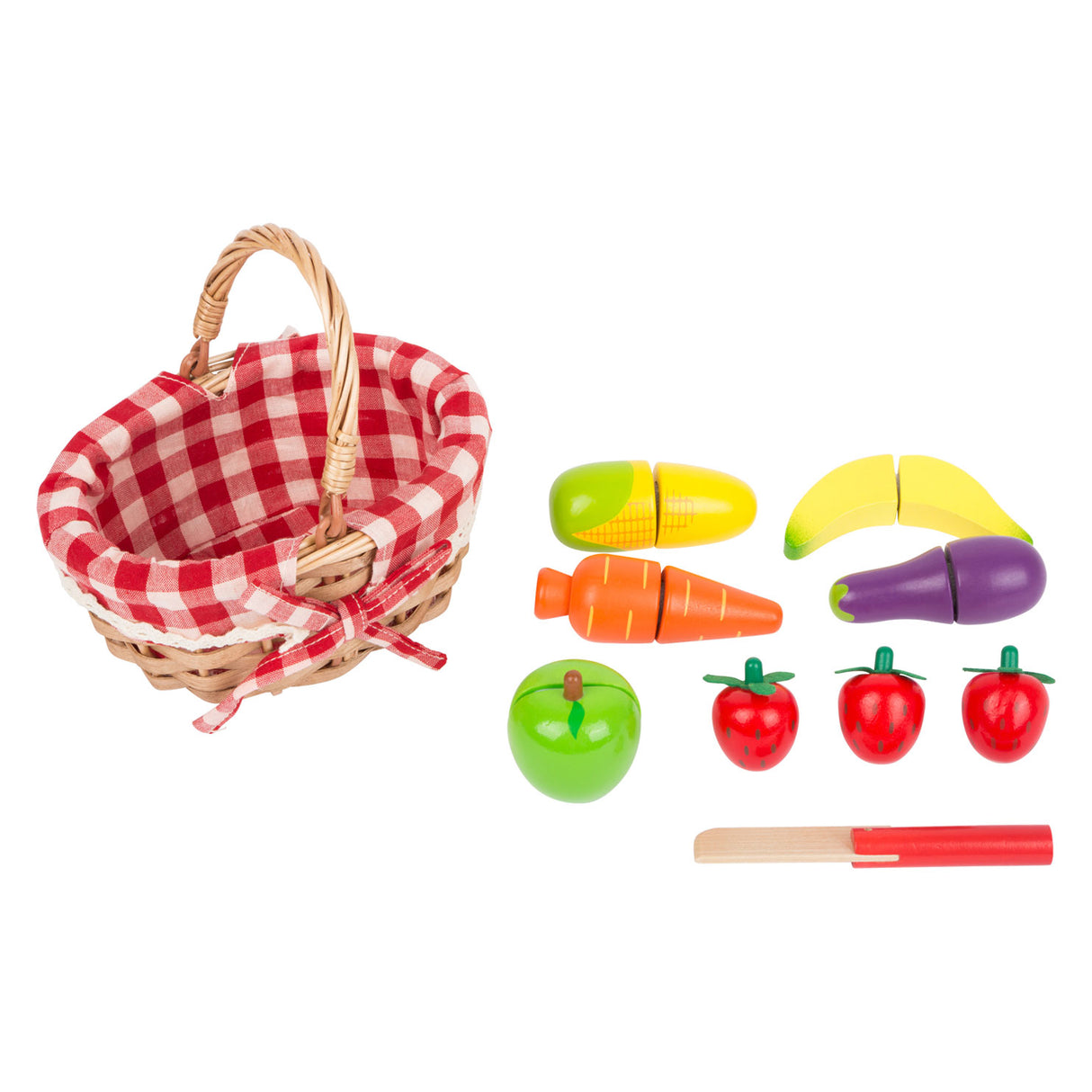 Klenge Fouss Holz Picknick Kuerf mat geschniddene Uebst, 15dlg.