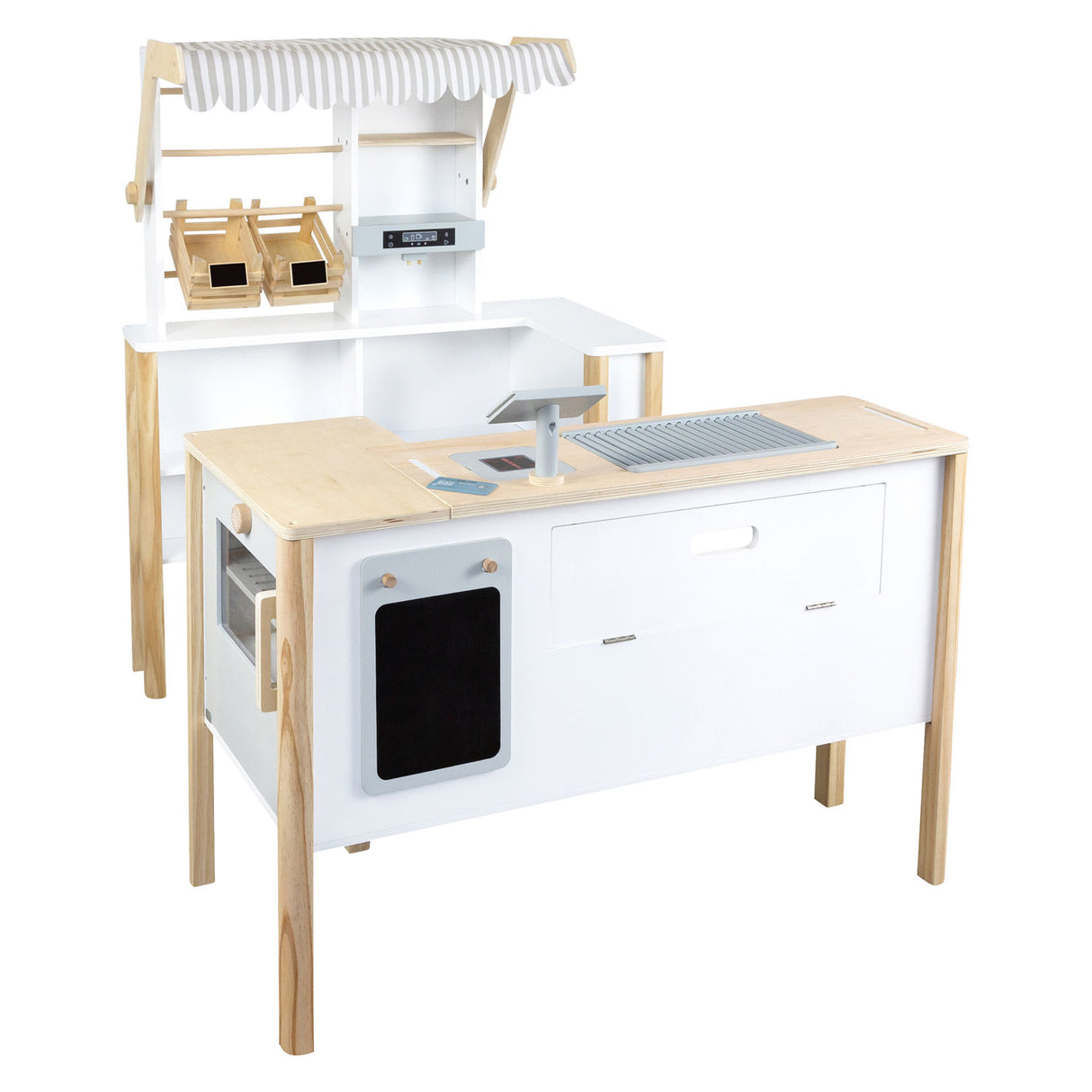 Small foot wooden store white with cash register and treadmill