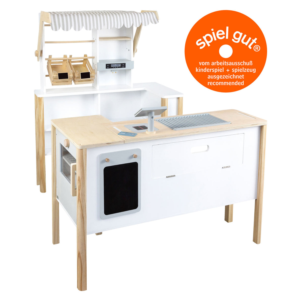 Small foot wooden store white with cash register and treadmill
