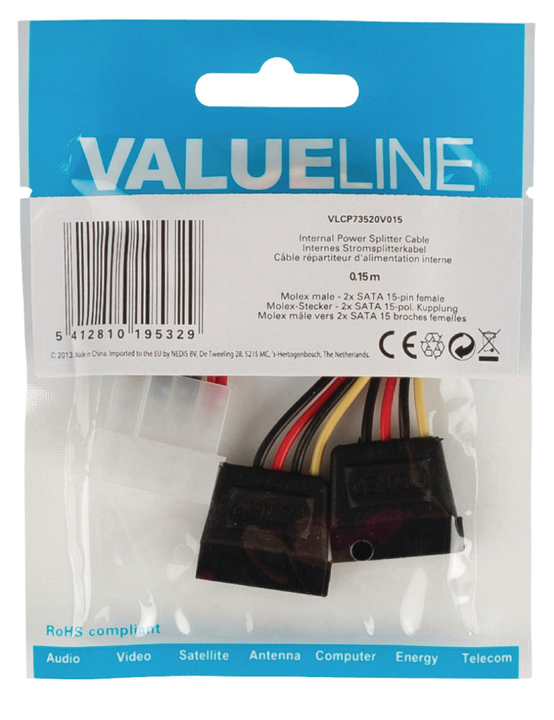 Valueline vlcp73520v015 internal power splitter cable molex male - 2x sata 15-pin female 0.15 m multicolor