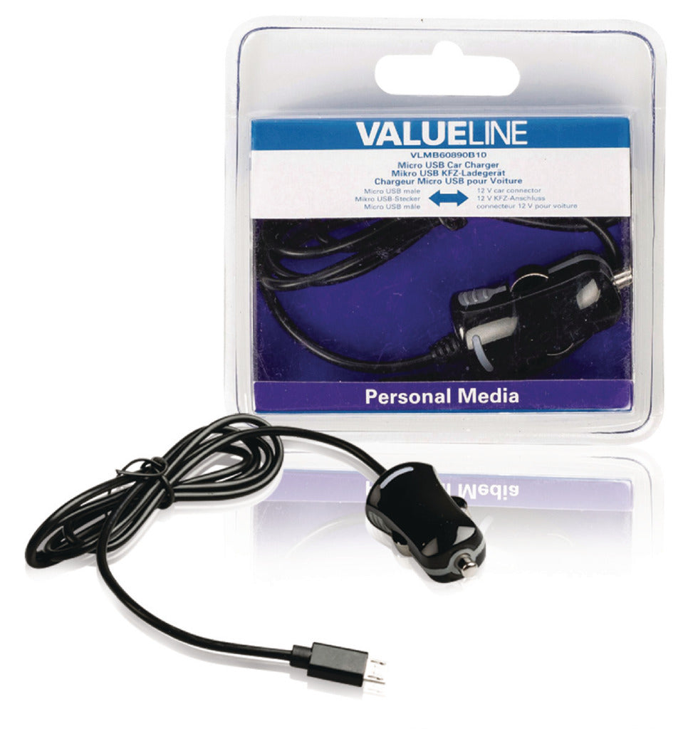 Valueline VLMB60890B10 Micro-USB nabíječka automobilů Micro USB Male-12V Car Connection 1,00 m Černá 2.1a