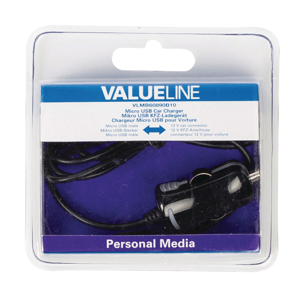 Valueline VLMB60890B10 Micro-USB nabíječka automobilů Micro USB Male-12V Car Connection 1,00 m Černá 2.1a