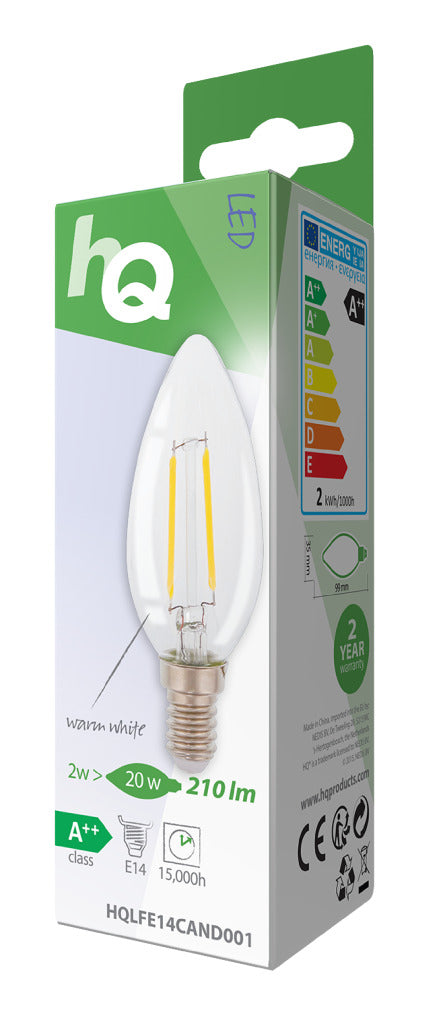 Hq lfe14cand001 led retro filament lamp e14 candle 2 w 210 lm 2700 k