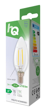 Hq lfe14cand001 led retro filament lamp e14 candle 2 w 210 lm 2700 k