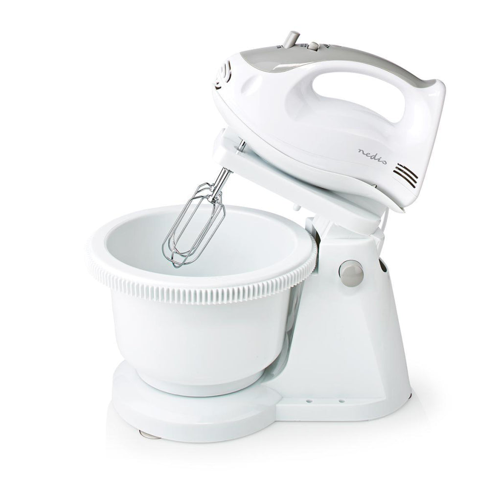 Nedis Kahm110cwt Hand Mixer 200 W 5-Speed ​​Turbo Function Rotating Bowl 2 Dough Hooks 2 Beaters Grey White