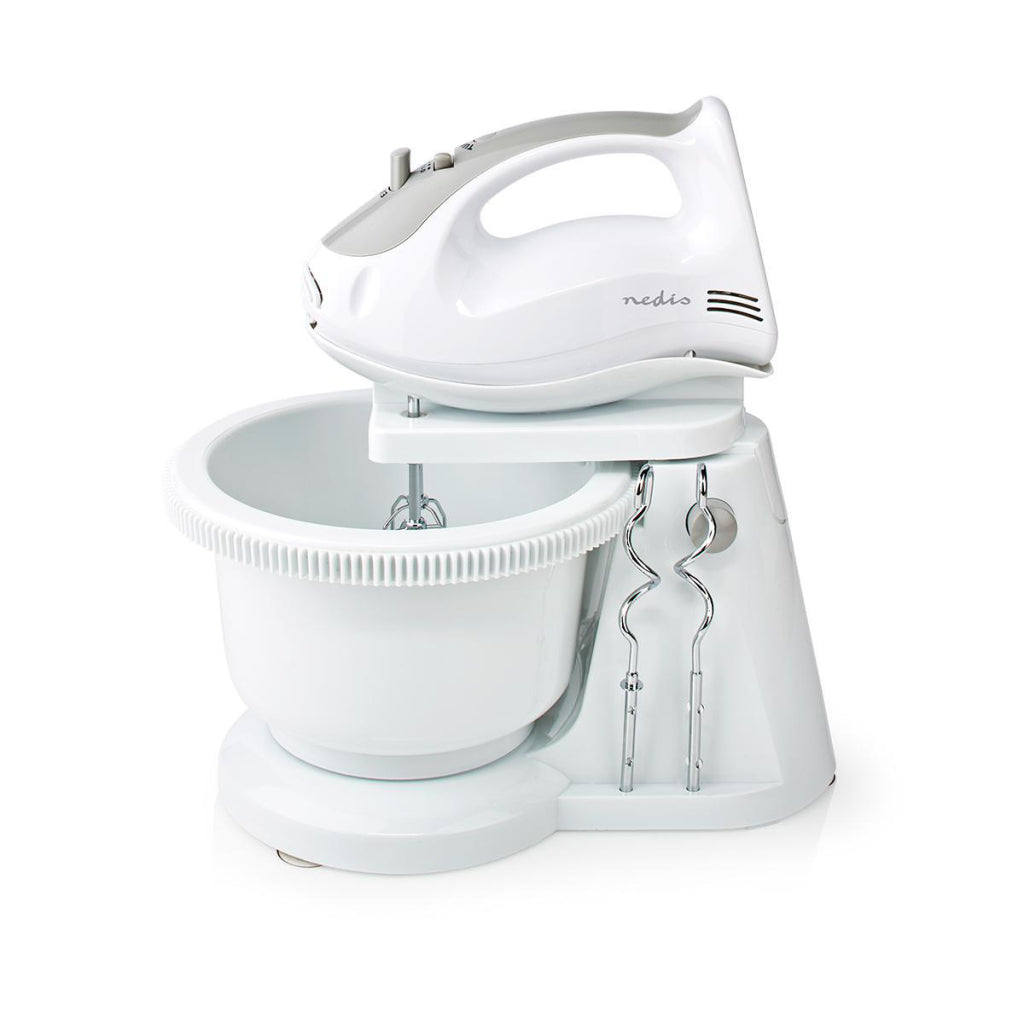 Nedis Kahm110cwt Hand Mixer 200 W 5-Speed ​​Turbo Function Rotating Bowl 2 Dough Hooks 2 Beaters Grey White