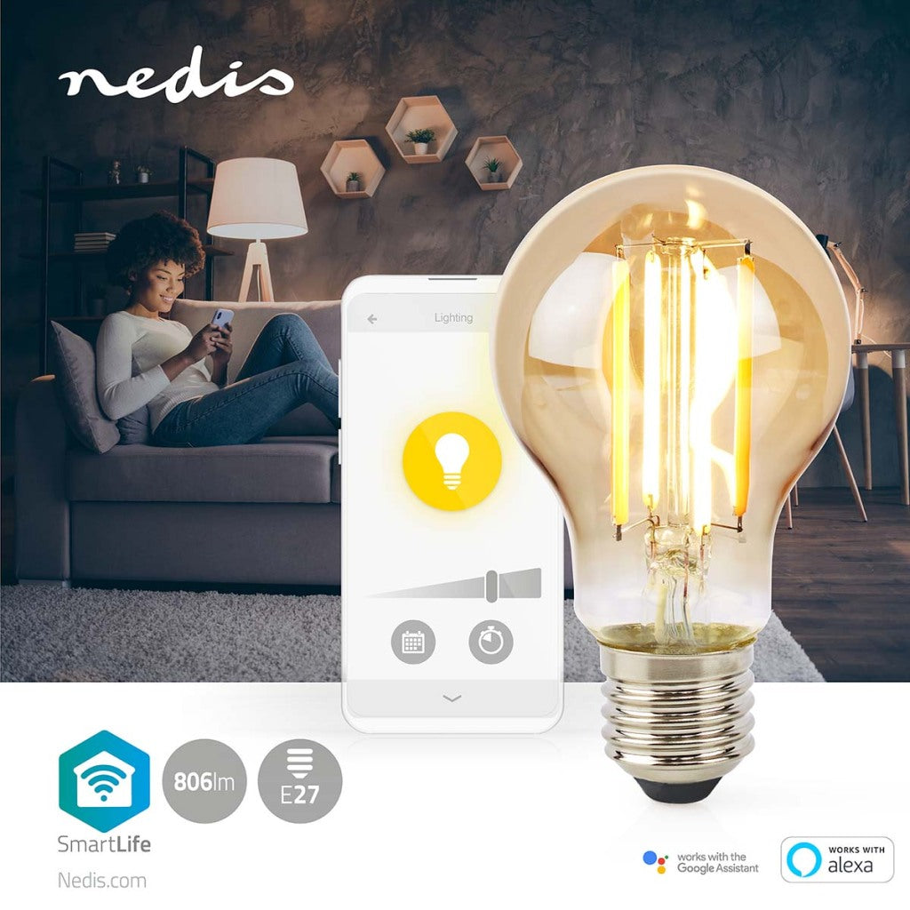 Nedis WiFiLRF10A60 SmartLife LED Filament Lamp Wi-Fi E27 806 lm 7 W Warm White Glass Android iOS Pear