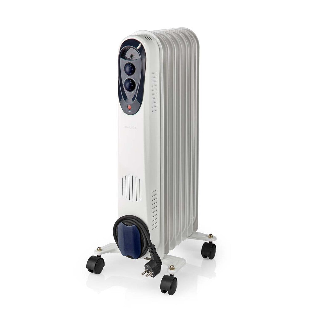 Nedis htoi30wt7 mobile oil radiator 600 900 1500 w 7 fins adjustable thermostat 3 heat settings tip-over prevention white