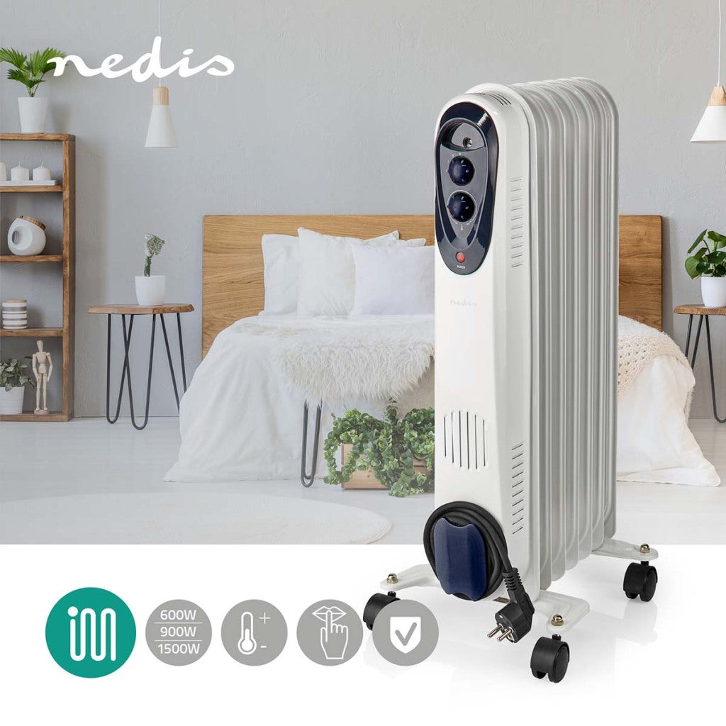 Nedis htoi30wt7 mobile oil radiator 600 900 1500 w 7 fins adjustable thermostat 3 heat settings tip-over prevention white