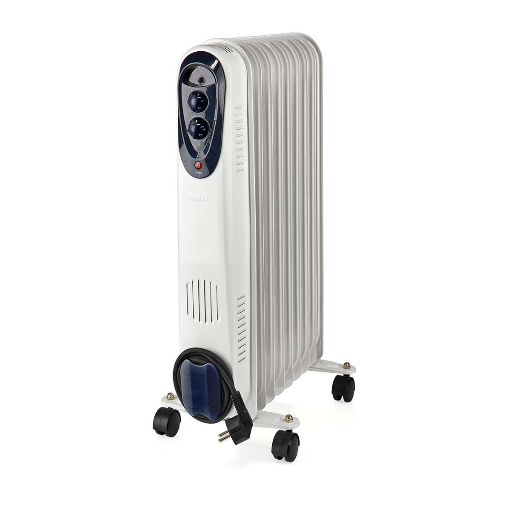 Nedis HTOI30WT9 Mobil Oil Radiator 800 1200 2000 W 9 FINS Justerbar termostat 3 Varmpositioner Omval Forebyggelse Hvid
