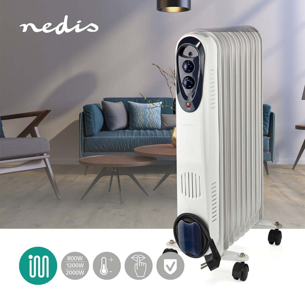 Nedis HTOI30WT9 Mobil Oil Radiator 800 1200 2000 W 9 FINS Justerbar termostat 3 Varmpositioner Omval Forebyggelse Hvid