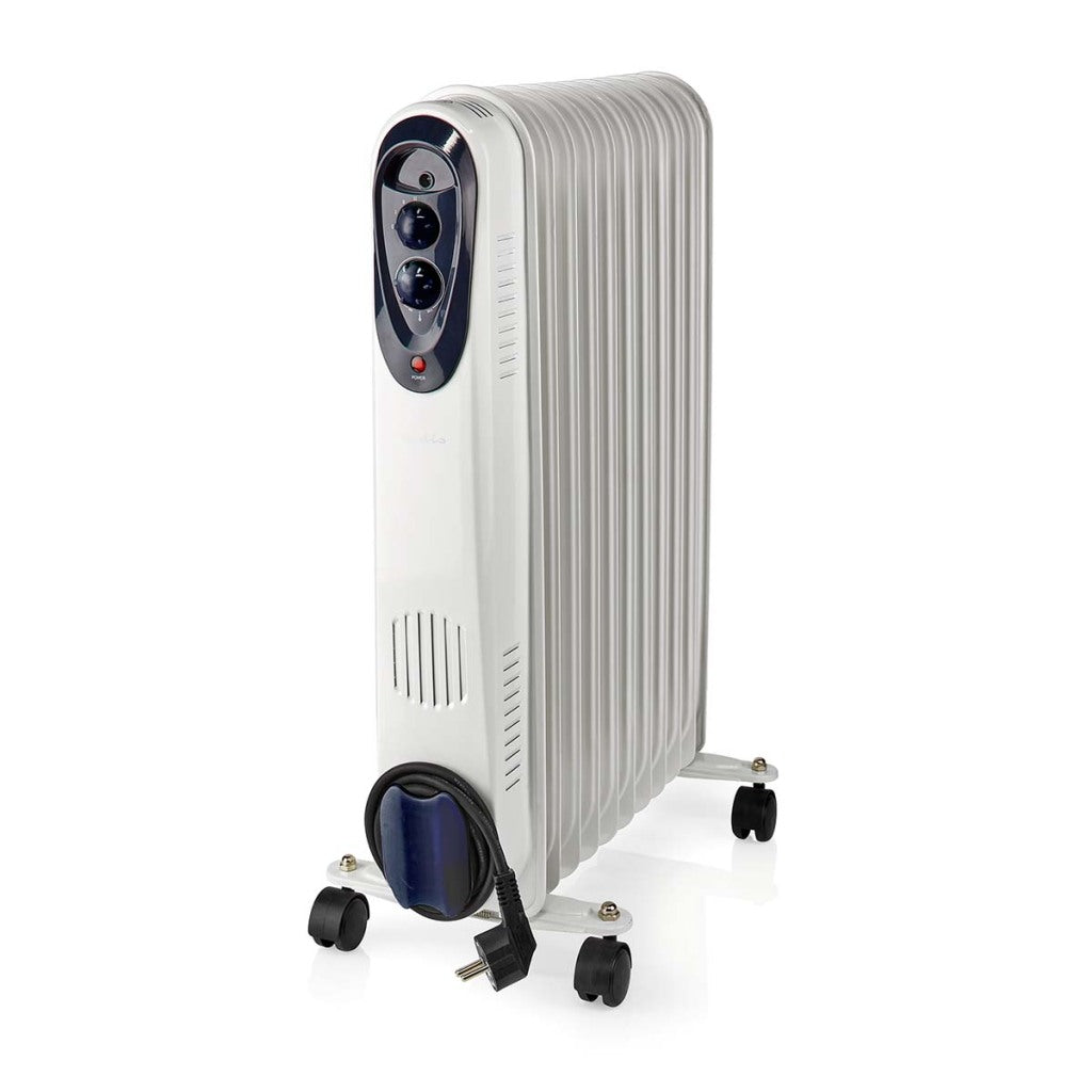 Nedis htoi30wt11 mobile oil radiator 1000 1500 2500 w 11 fins adjustable thermostat 3 heat settings tip-over prevention white