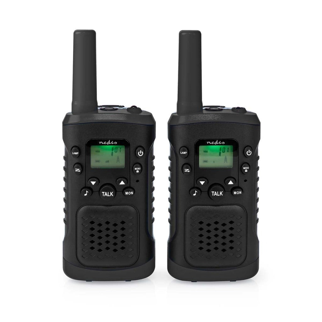 Nedis wltk0610bk walkie talkie set 2 handsets up to 6 km frequency channels: 8 ptt vox up to 3 hours headphone output 2 headsets black