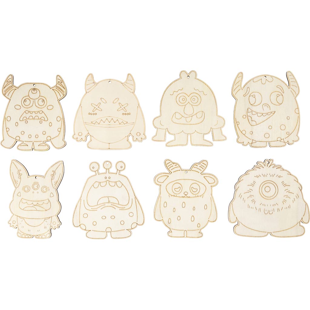 Creativ company houten figuren, monsters, h: 12,4 cm, dikte 3 mm, 24 stuk 1 doos