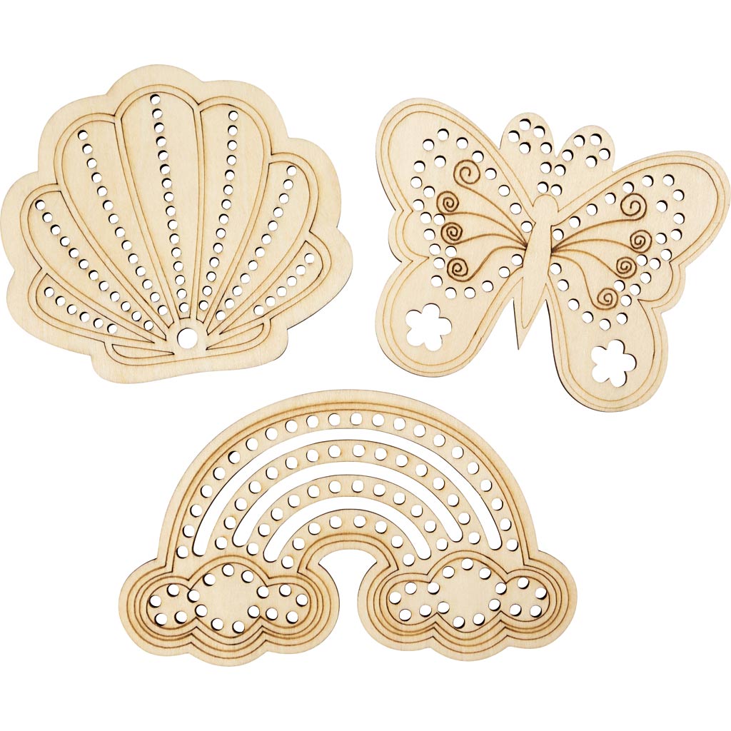 Creativ company wooden shape with holes, rainbow, shell, butterfly, size 7.5-13 cm, 6 pieces 1 box