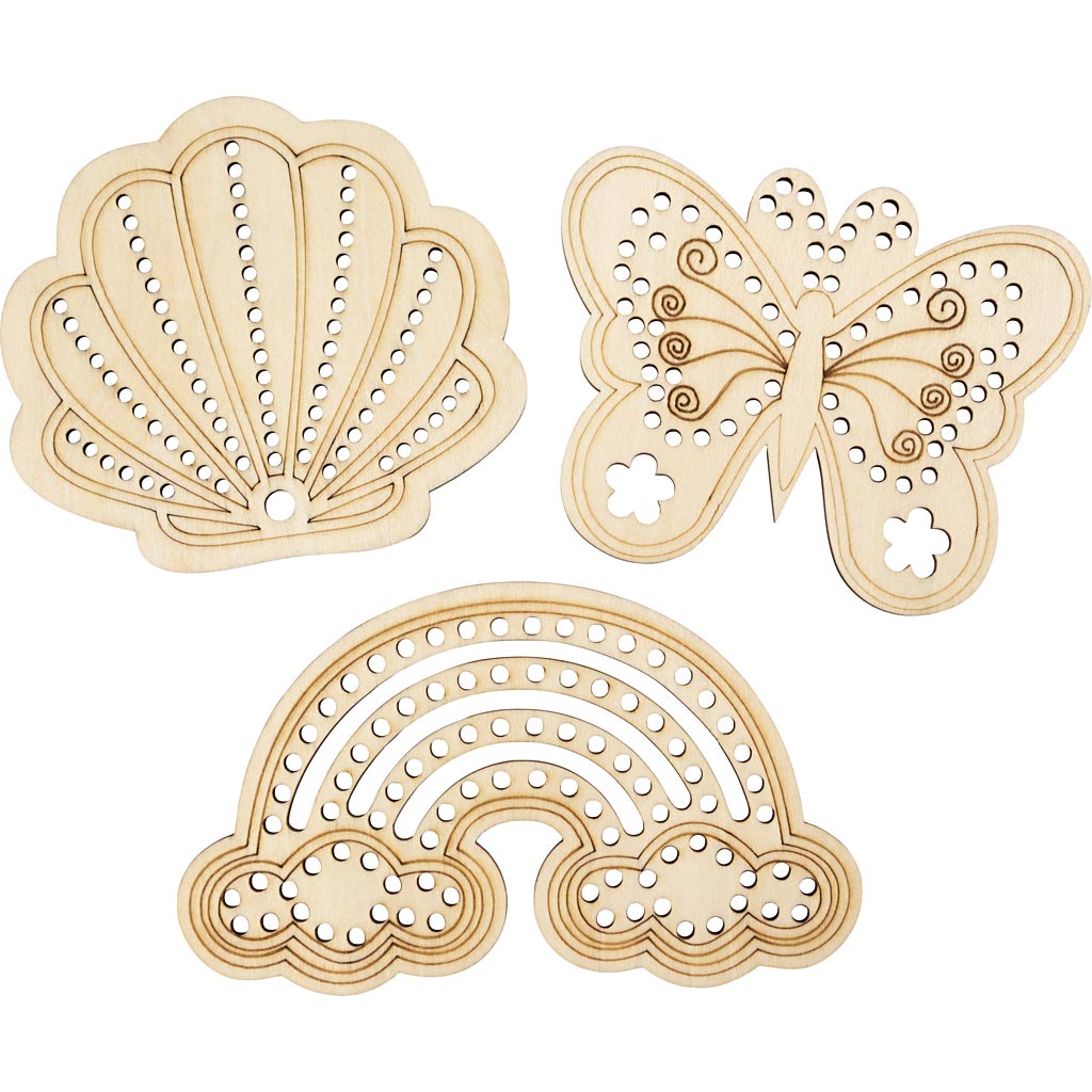 Creativ company wooden shape with holes, rainbow, shell, butterfly, size 7.5-13 cm, 24 pieces 1 box