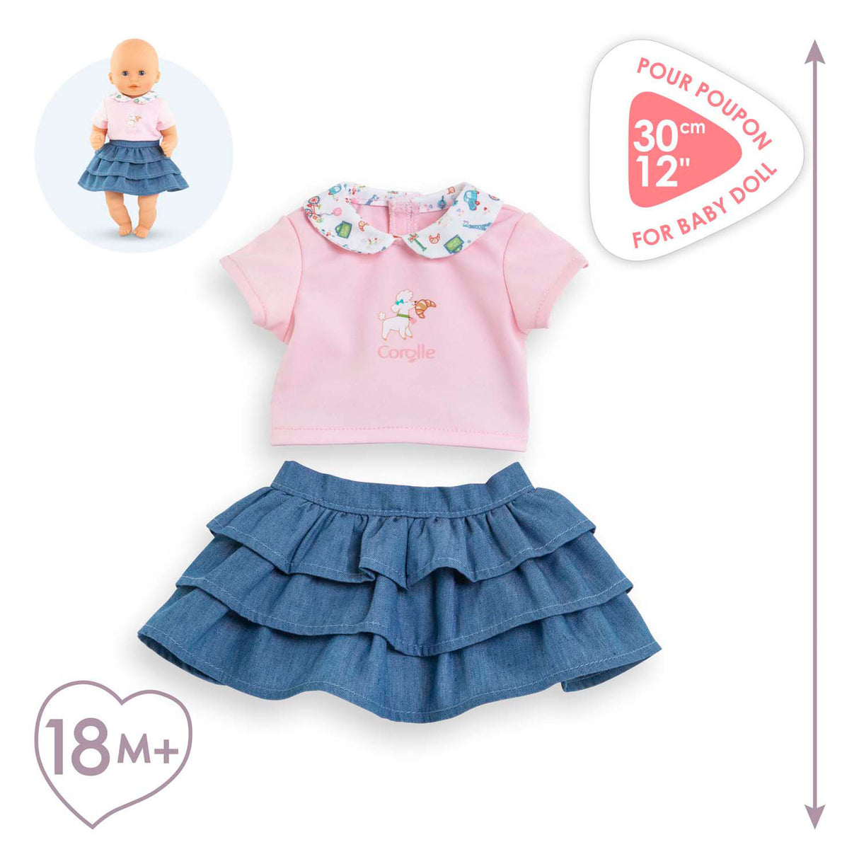 Corolle skirt with ruffles and t-shirt for baby doll, 30 cm.
