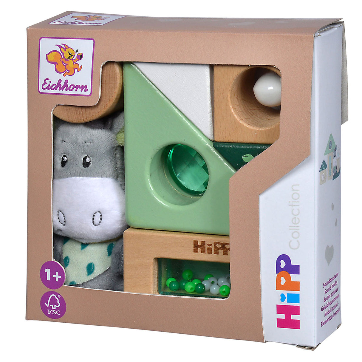 Blocchi sonori in legno Eichhorn Baby Hipp con peluche asino