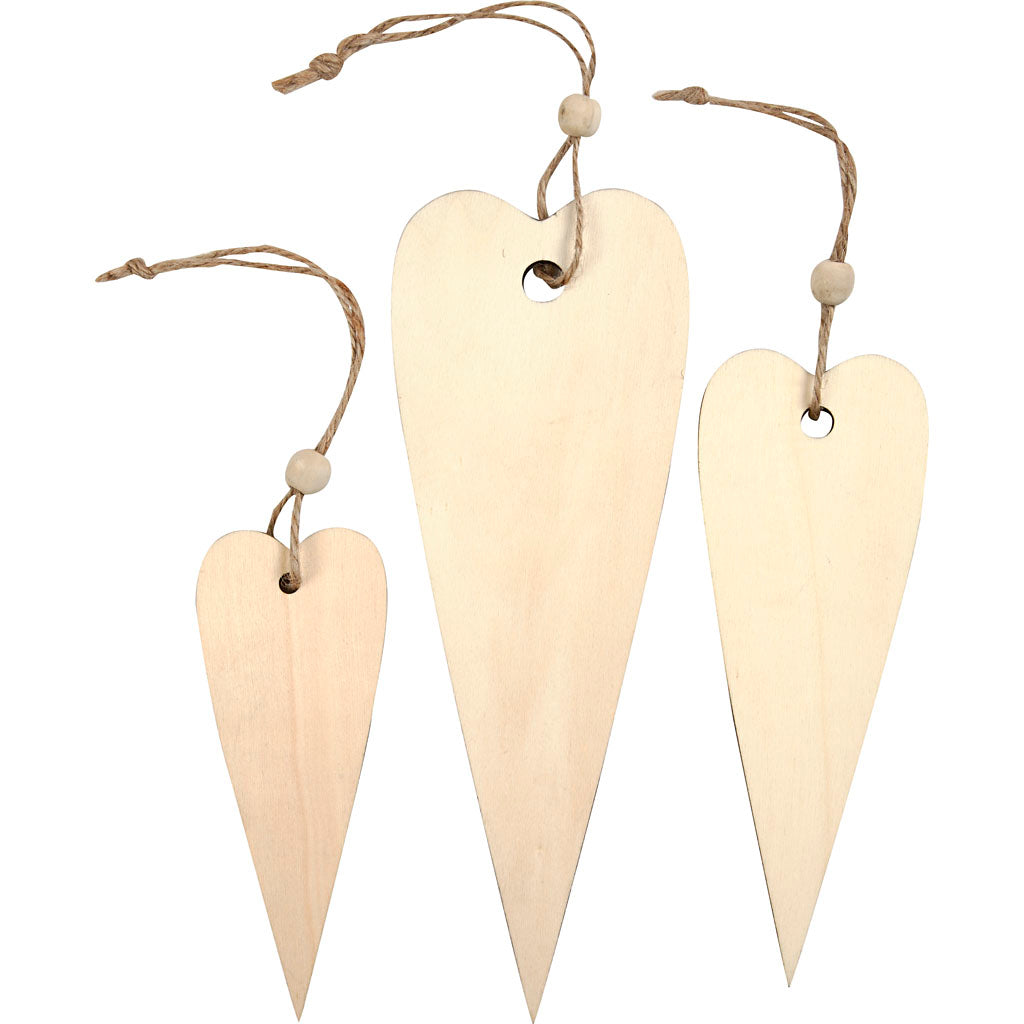 Creativ company houten decoraties, lang hart, h: 12+16+20 cm, dikte 5 mm, 3 stuk 1 doos