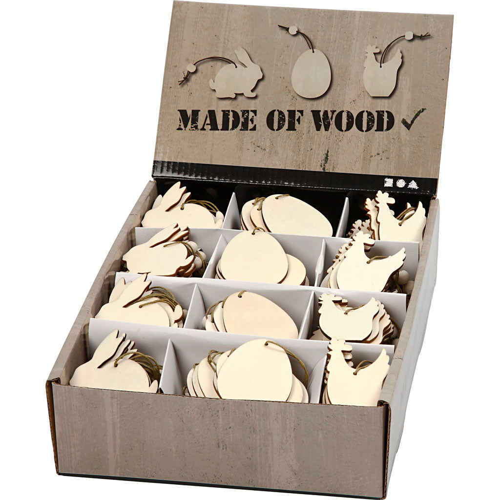 Creativ company houten decoraties, konijn, ei, kip, afm 6 cm, dikte 3 mm, 200 stuk 1 doos