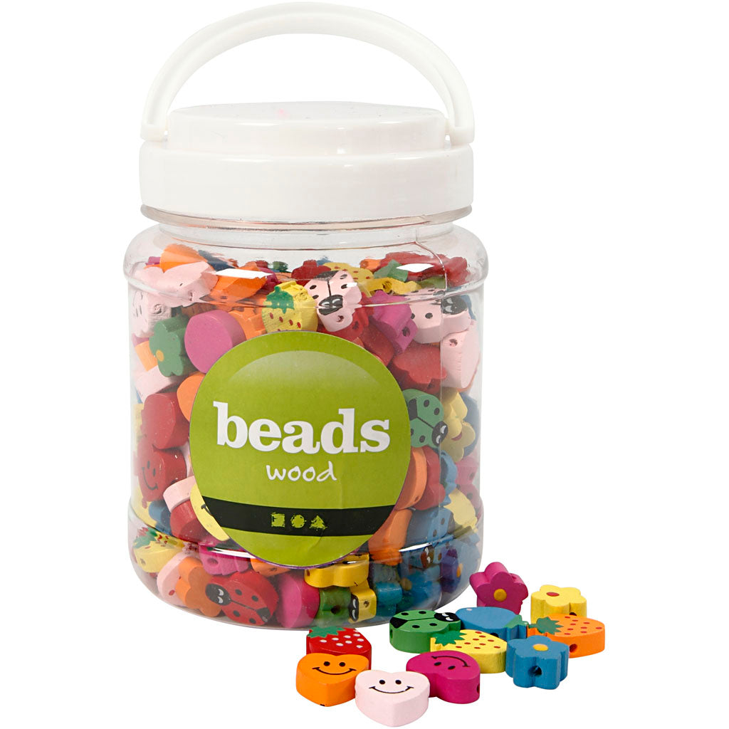 Creativ company houten kralen figuren, afm 15-20 mm, gatgrootte 1,5 mm, ca. 325 stuk, 235 gr, 700 ml 1 doosje