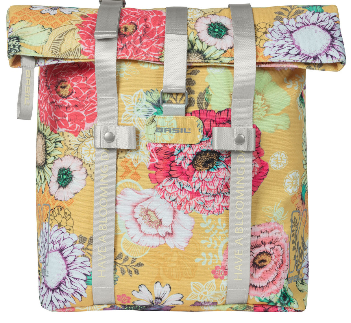 Shopper per biciclette da campo Basil Bloom, giallo, tappo riciclato, spalla impermeabile e regolabile