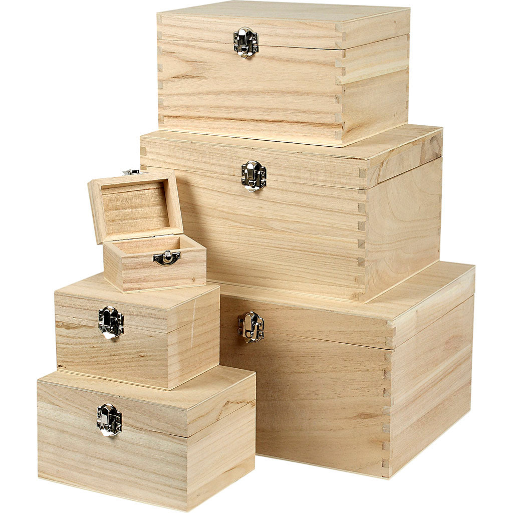 Creativ company set houten dozen, h: 5+7+9+11+13+15 cm, l: 8+11,8+15,8+20+24+27,7 cm, b: 5,8+8,8+12+15+18+21 cm, 6 stuk 1 set