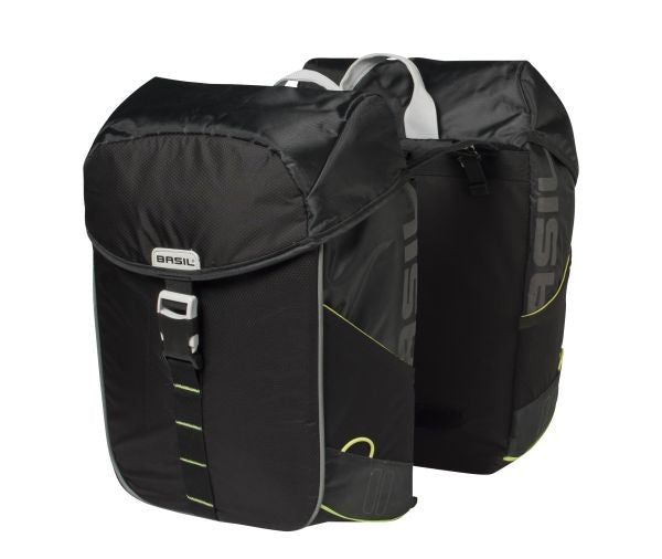Basil Miles Double Bag - Waterproof Double Bicycle Bag, Unisex, Sporty, Zwart -Limoen