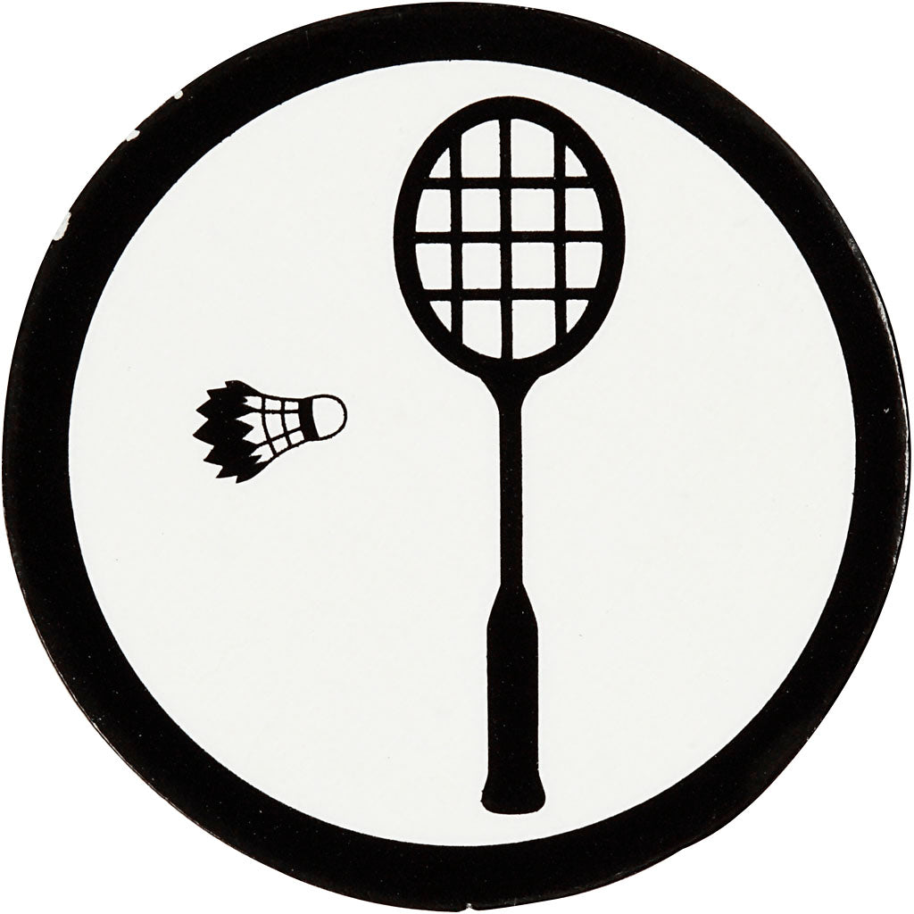Creative company label, badminton racket, d 25 mm, white black, 20 pieces in a box