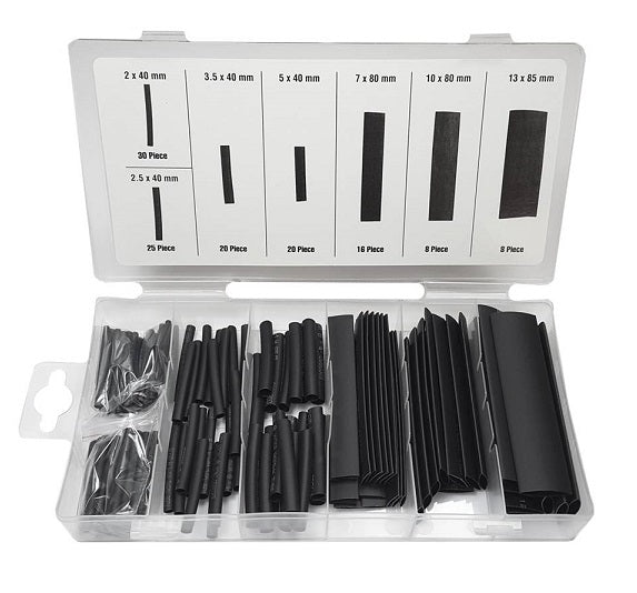 Shrink tubing range black, 127 pieces in storage box.
