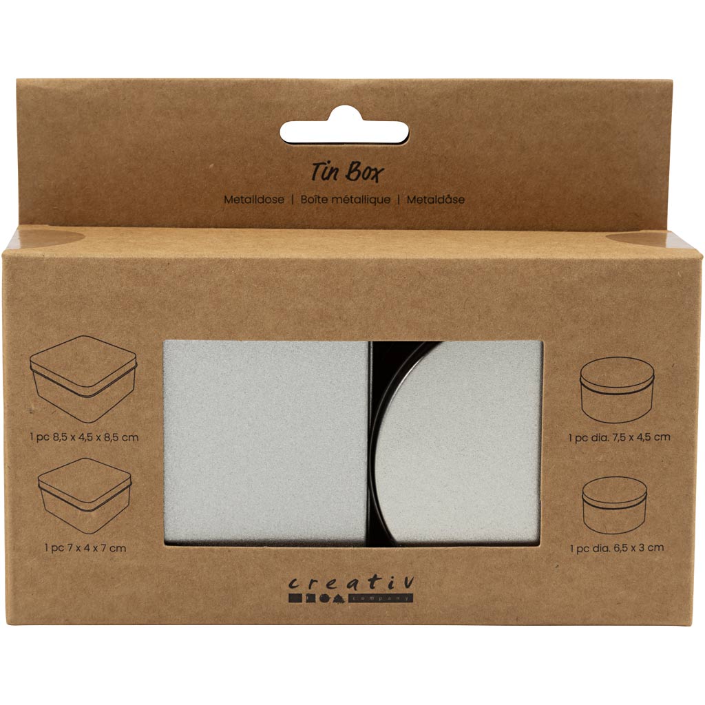 Creativ company blikje, cirkel en vierkant, h: 3-4,5 cm, d 6,5+7,5 cm, afm 7x7+8,5x8,5 cm, grey metal, 4 stuk 1 doos
