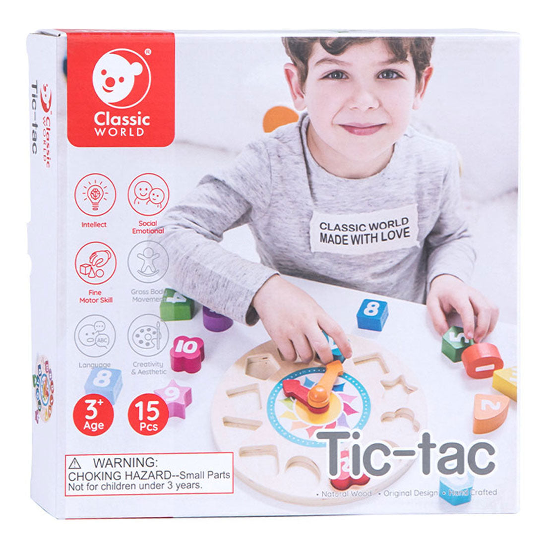 Classic World World Wood Learning Clock con forme Tic-Tac, 15dlg.