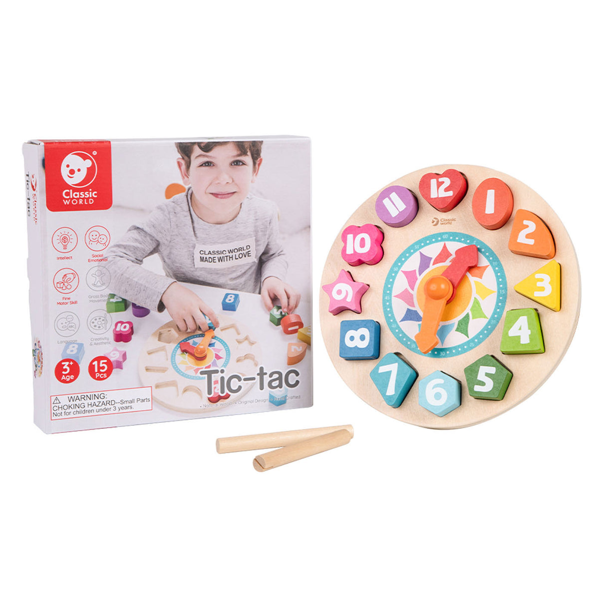 Classic World World Wood Learning Clock con forme Tic-Tac, 15dlg.