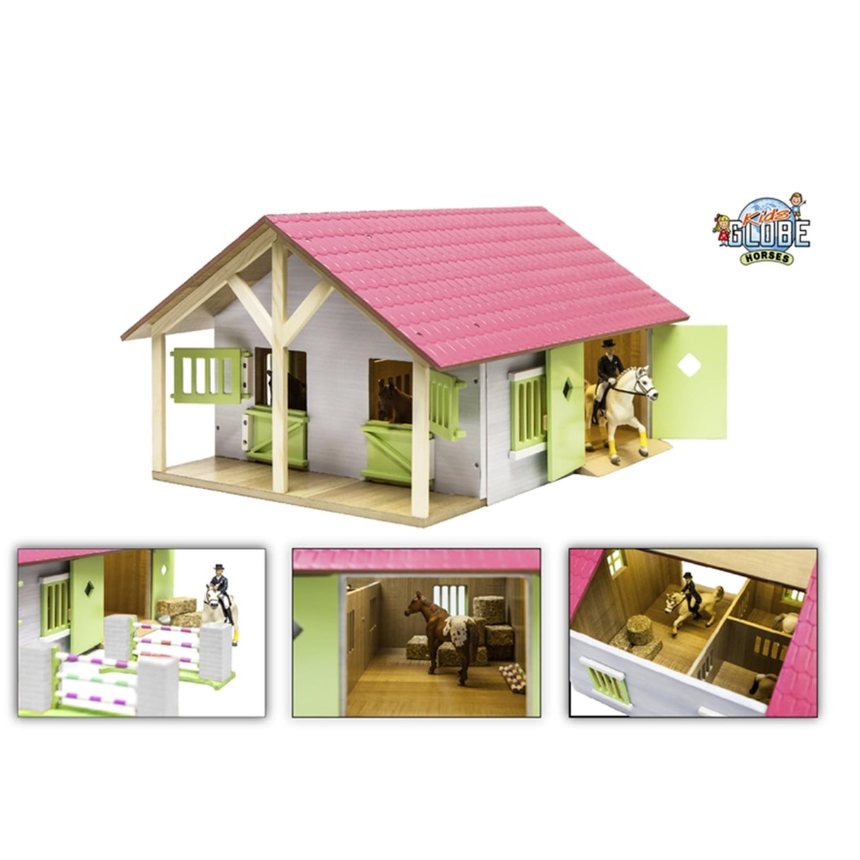 Kids Globe Horse Stall Pink mit 2 Kisten und Lagerung, 1:24
