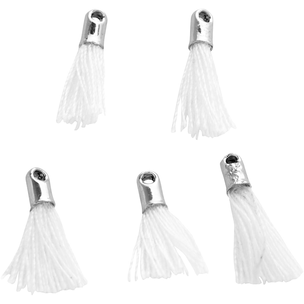 Creativ company tassel, l: 10 mm, hole size 1 mm, white, 5 pieces 1 box