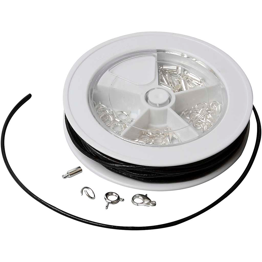 Creativ company jewelry starter set, leather laces, black, silver-plated, 1 set