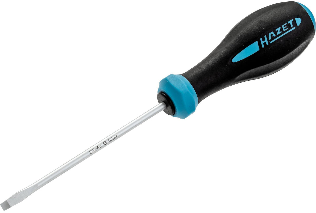 HAZET screwdriver "HEXAnamic 802" slot, round blade, non-slip 3-component grip, with grey coated tips, chromed surface, resistant against fuel, acids, Skydrol, brake fluid etc., norms: ISO 2380-1:2004, ISO 2380-2:2004
