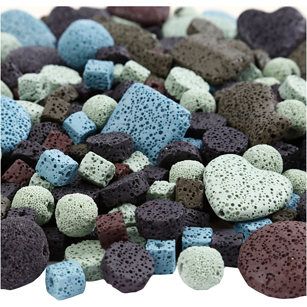 Creativ company lava beads, size 6-37 mm, hole size 1+2 mm, content may vary, approx. 890 pieces, various colours, 20 strands 1 box