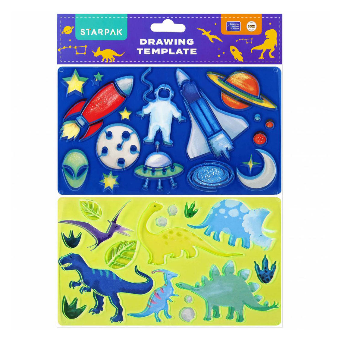 Tekensjabloon dinosaurussen, kosmos